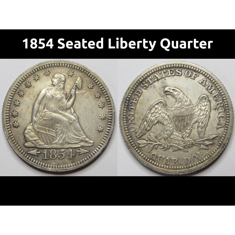 1854 Seated Liberty Quarter - beautiful great condition antique silver coin 