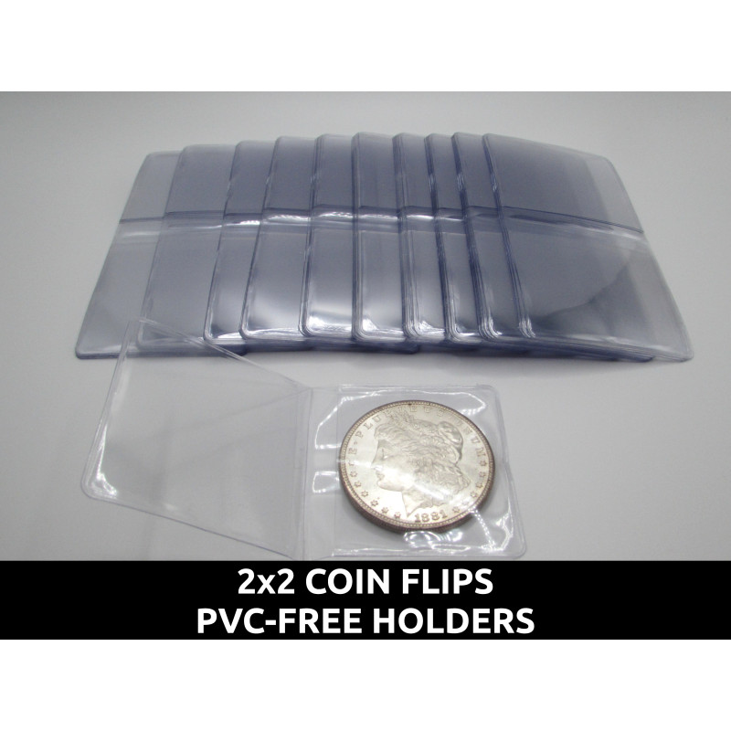 Plastic double pocket coin flips - 2x2" safe for storage - no PVC - choose quantity 25 / 50 / 100 / 200 / 500