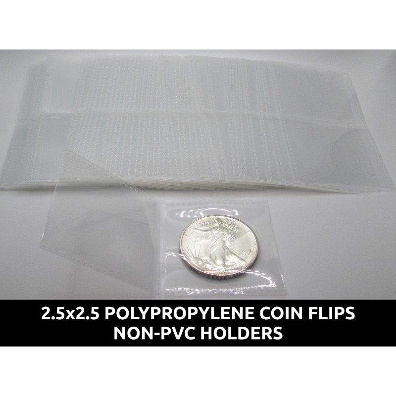 2.5" Polypropylene Coin Flips - 2.5x2.5 plastic protective PVC-free holders - choose quantity 25 / 50 / 100 / 200 / 500 / 1000
