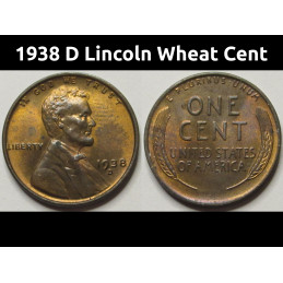 1938 D Lincoln Wheat Cent - nice condition antique American wheat penny