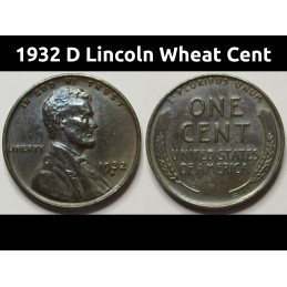 1932 D Lincoln Wheat Cent - antique Great Depression era wheat penny