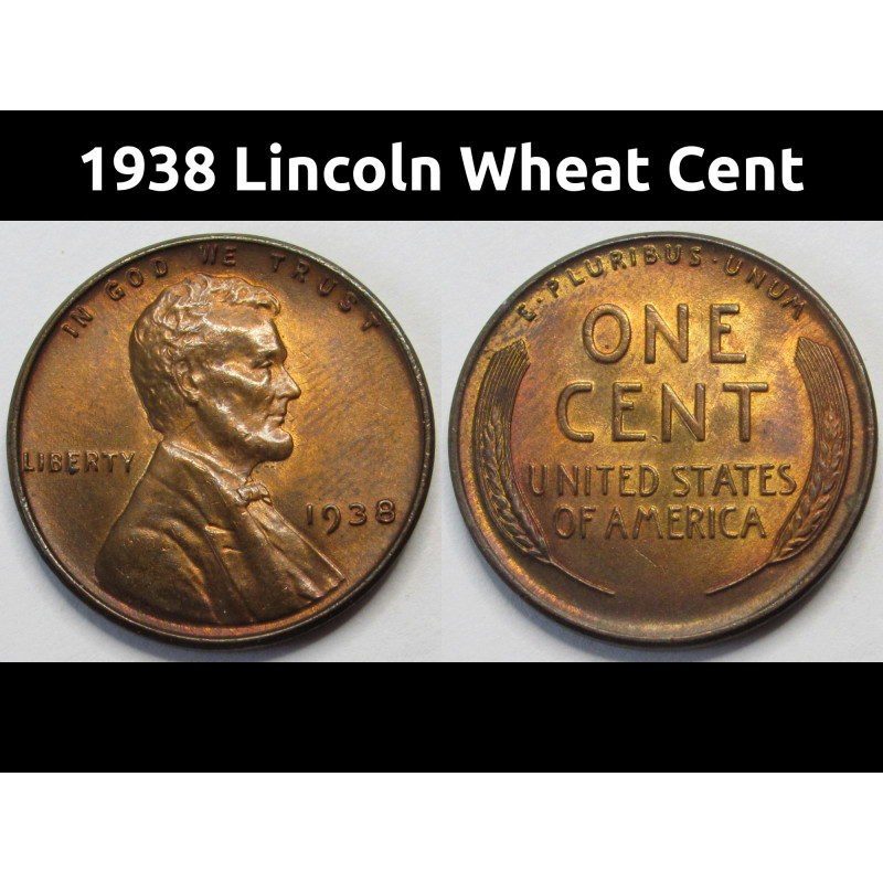 1938 Lincoln Wheat Cent - toned late 1930s American wheat penny