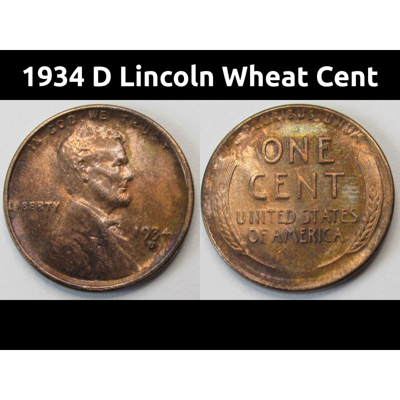1934 D Lincoln Wheat Cent - higher grade toned antique American wheat penny