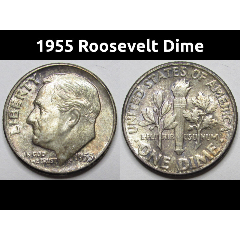 1955 Roosevelt Dime - vintage toned American silver dime