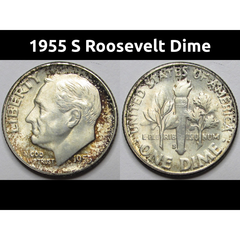 1955 S Roosevelt Dime - flashy toned vintage silver dime