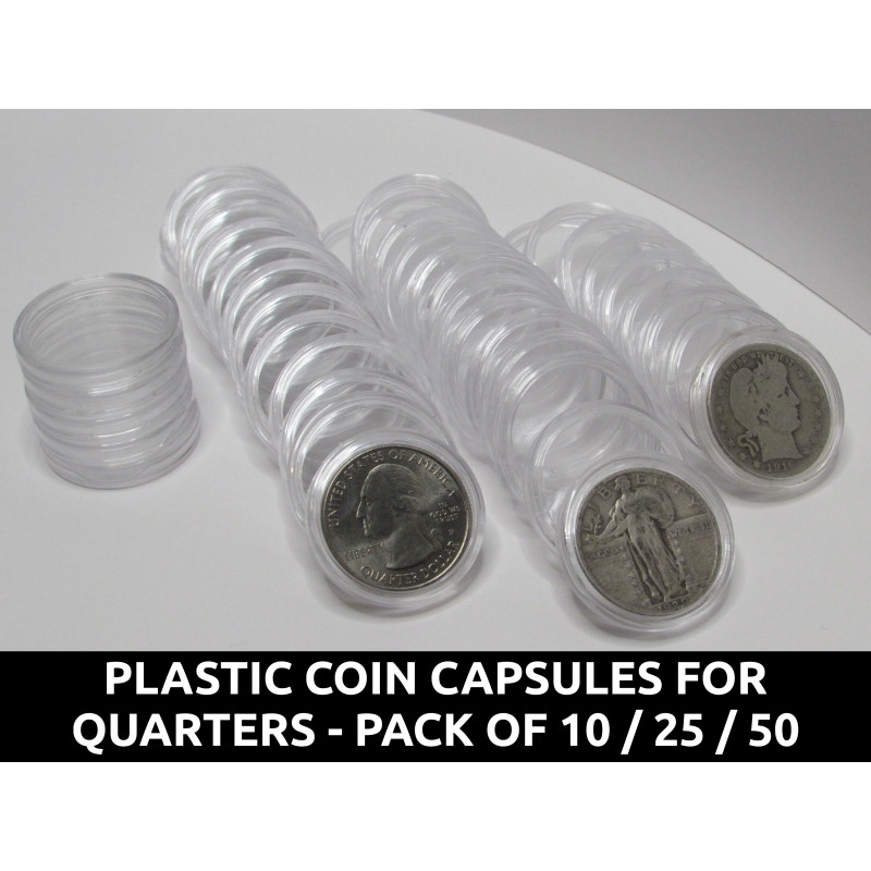 Quarter sized Plastic Coin Capsules - 24.3mm holders for coins - pack of 10 / 25/ 50