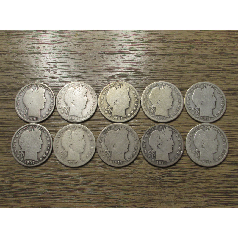 10 Barber Halves Set - set of of silver half dollars with different dates and mintmarks
