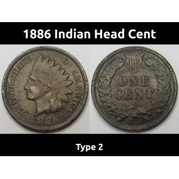 1886 Indian Head Cent - Type 2 - better variety Wild West era penny coin
