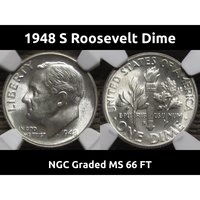 1948 S Roosevelt Dime - NGC Graded MS 66 FT - lustrous silver dime