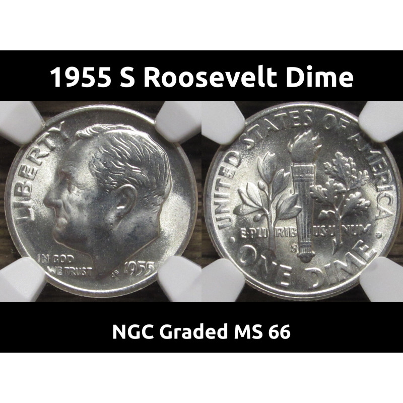 1955 S Roosevelt Dime - NGC Graded MS 66 - antique San Francisco silver dime