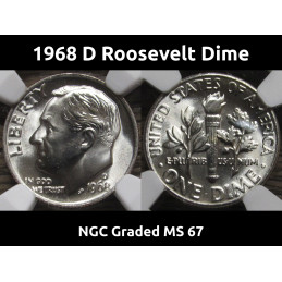 1968 D Roosevelt Dime - NGC Graded MS 67 - high grade vintage dime