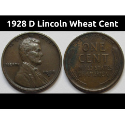 1928 D Lincoln Wheat Cent - antique Denver mintmark American wheat penny