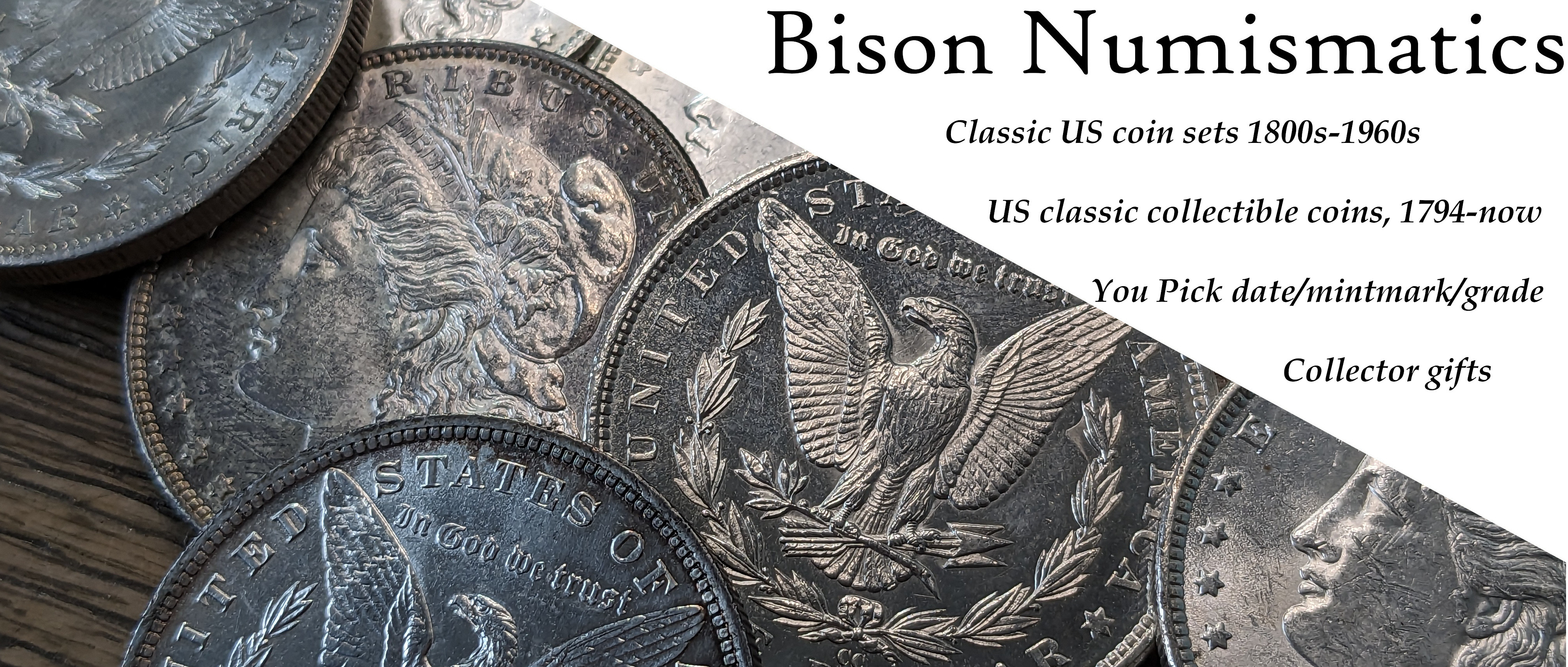 Bison Numismatics - photo with silver dollars. Caption: About Bison Numismatics: US Classic Coin Sets 1800s-1960s - US classic collectible coins, 1794-now. You Pick date/mintmark/grade Collector gifts